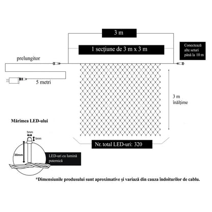 Instalatie Craciun, Tip Plasa, 3 m x 3 m, 320 LED-uri, Alb rece, 8 jocuri de lumini, Transformator cu telecomanda, Interconectabila, Prelungitor 5 m inclus, Fir transparent, Flippy-5