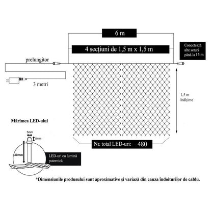 Instalatie Craciun, Tip Plasa, 6 m x 1.5 m, 480 LED-uri, Alb cald, 8 jocuri de lumini, Transformator cu telecomanda, Interconectabila, Prelungitor 3 m inclus, Fir transparent, Flippy-5