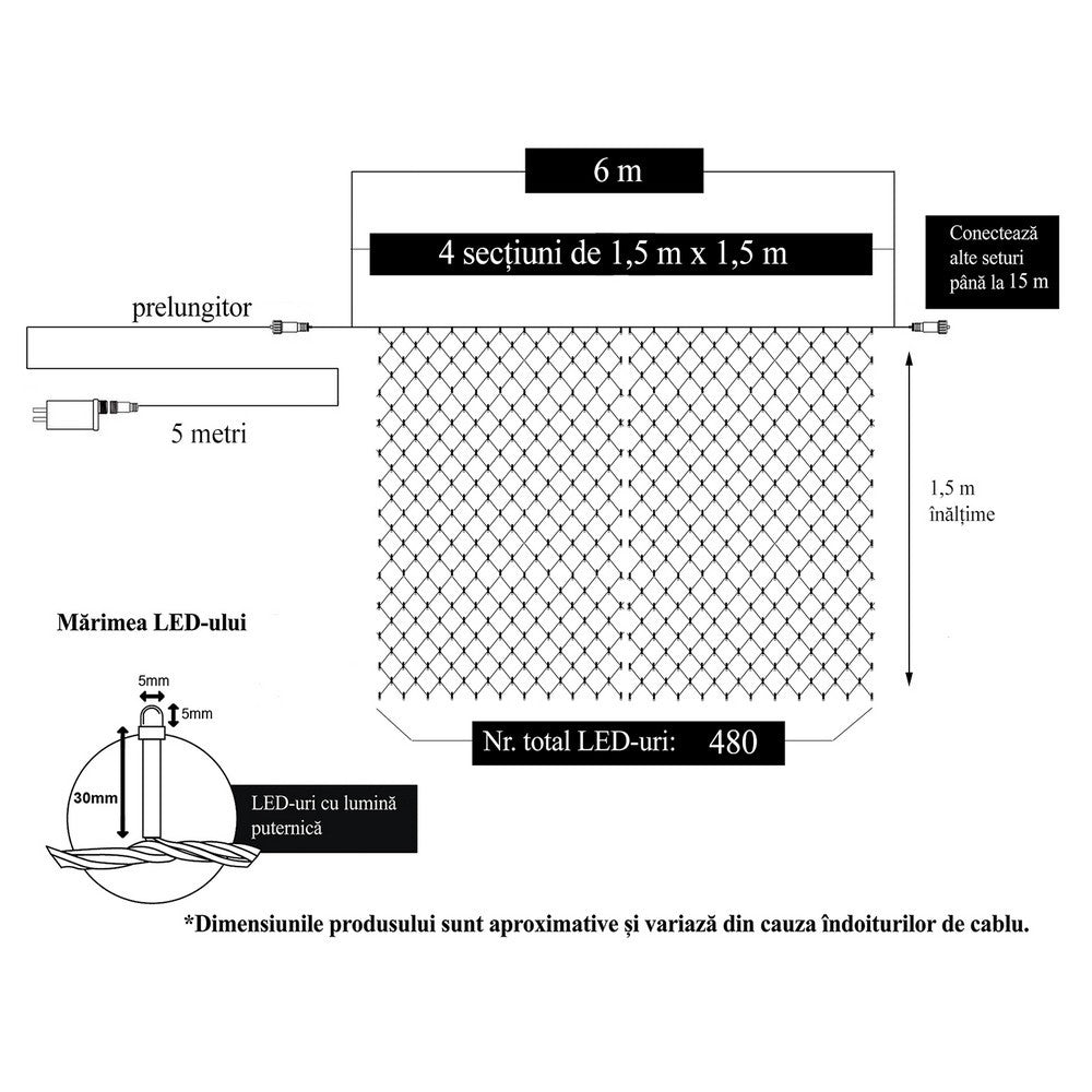 Instalatie Craciun, Tip Plasa, 6 m x 1.5 m, 480 LED-uri, Alb cald, 8 jocuri de lumini, Transformator, Interconectabila, Prelungitor 5 m inclus, Fir transparent, Flippy-5