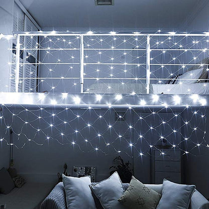 Instalatie Craciun, Tip Plasa, 6 m x 1.5 m, 480 LED-uri, Alb rece, 8 jocuri de lumini, Transformator, Interconectabila, Prelungitor 3 m inclus, Fir transparent, Flippy-3