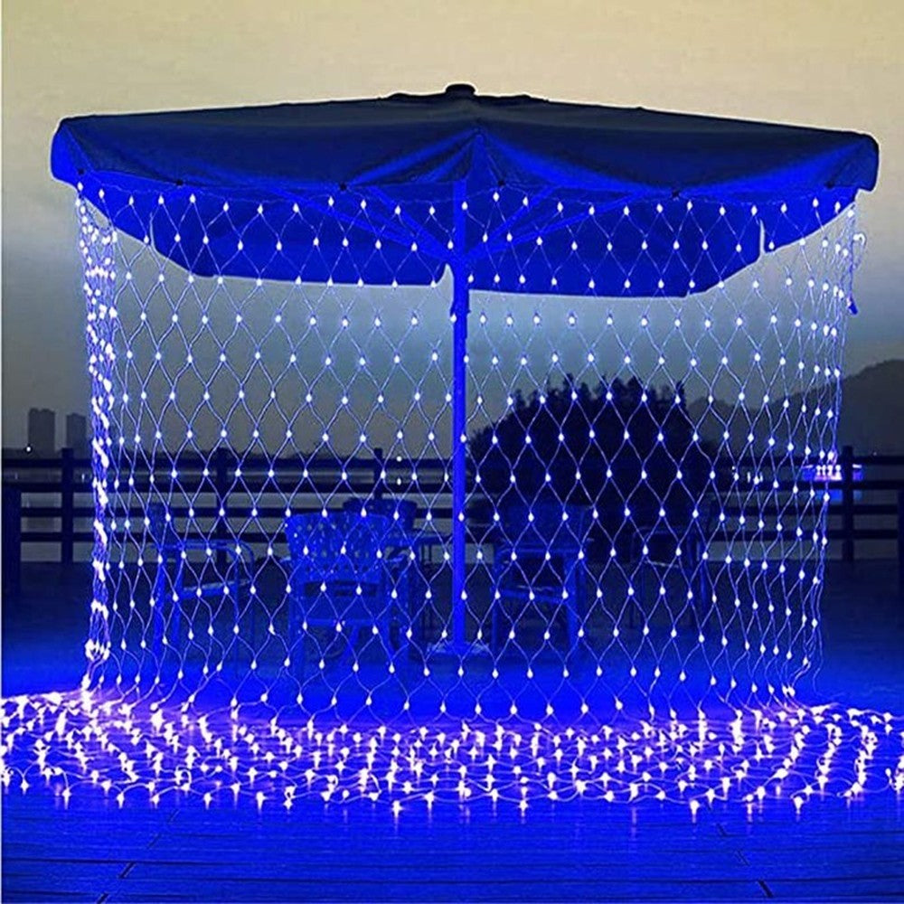Instalatie Craciun, Tip Plasa, 6 m x 1.5 m, 480 LED-uri, Albastru, 8 jocuri de lumini, Transformator cu telecomanda, Interconectabila, Prelungitor 3 m inclus, Fir transparent, Flippy-1