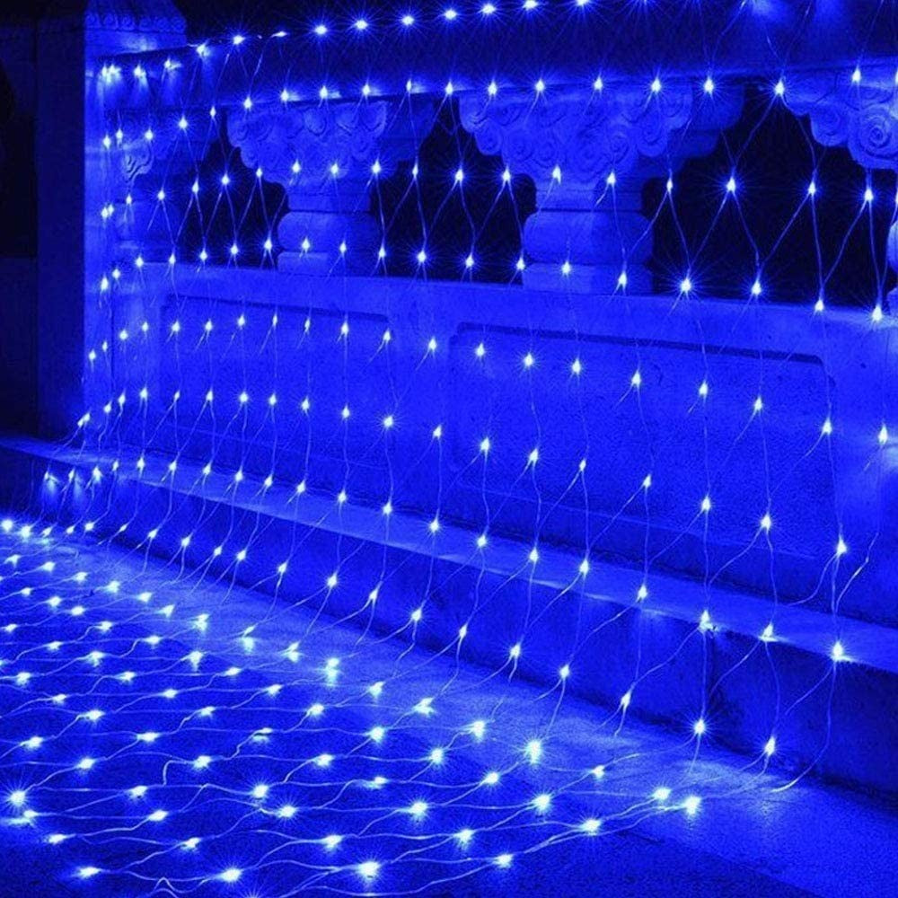 Instalatie Craciun, Tip Plasa, 6 m x 1.5 m, 480 LED-uri, Albastru, 8 jocuri de lumini, Transformator cu telecomanda, Interconectabila, Prelungitor 3 m inclus, Fir transparent, Flippy-2
