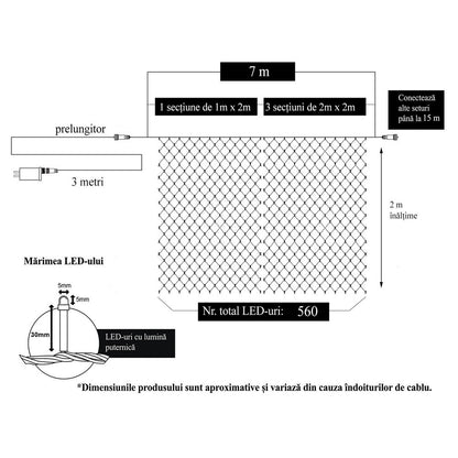 Instalatie Craciun, Tip Plasa, 6 m x 2 m, 480 LED-uri, Albastru, 8 jocuri de lumini, Transformator, Interconectabila, Prelungitor 3 m inclus, Fir transparent, Flippy-5