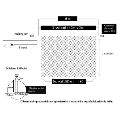 Instalatie Craciun, Tip Plasa, 6 m x 2 m, 480 LED-uri, Albastru, 8 jocuri de lumini, Transformator, Interconectabila, Prelungitor 5 m inclus, Fir transparent, Flippy-5