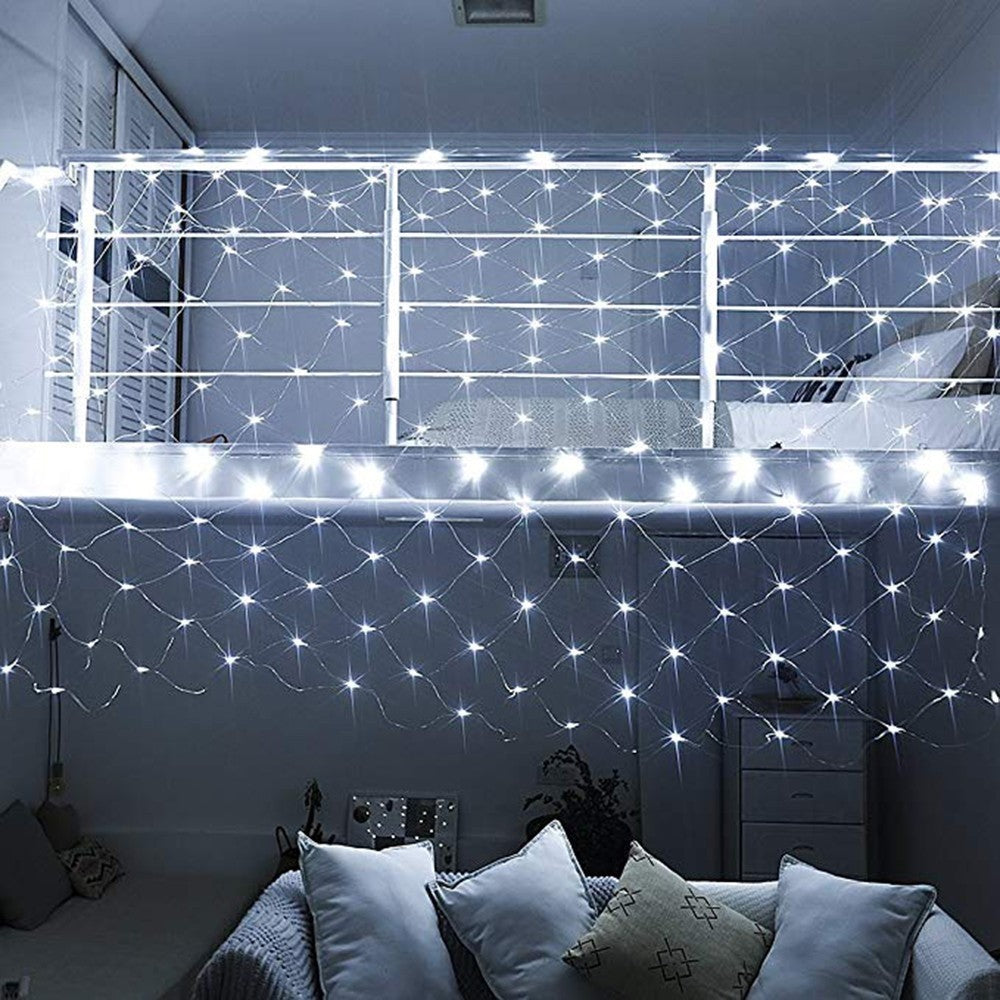Instalatie Craciun, Tip Plasa, 9 m x 1.5 m, 720 LED-uri, Alb rece, 8 jocuri de lumini, Transformator, Interconectabila, Prelungitor 5 m inclus, Fir transparent, Flippy-3