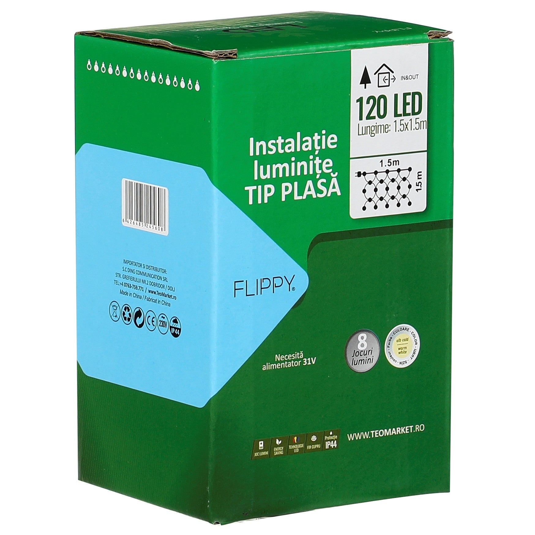 Instalatie Craciun tip plasa, cu transformator 31V, 1.5 m x 1.5 m, Alb Cald, 120 LED-uri V5, 8 jocuri de lumini, fir verde, Flippy-1