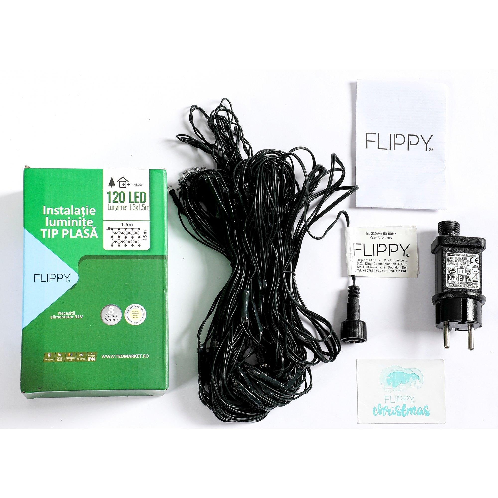Instalatie Craciun tip plasa, cu transformator 31V, 1.5 m x 1.5 m, Alb Cald, 120 LED-uri V5, 8 jocuri de lumini, fir verde, Flippy-3