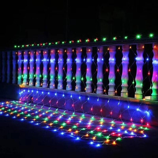 Instalatie Craciun, Tip Plasa, IP 44, 12 x 1 m, 480 LED-uri, Multicolor, 8 jocuri de lumini, Transformator cu telecomanda, Interconectabila, Prelungitor 3 m inclus, Fir transparent, Flippy-0