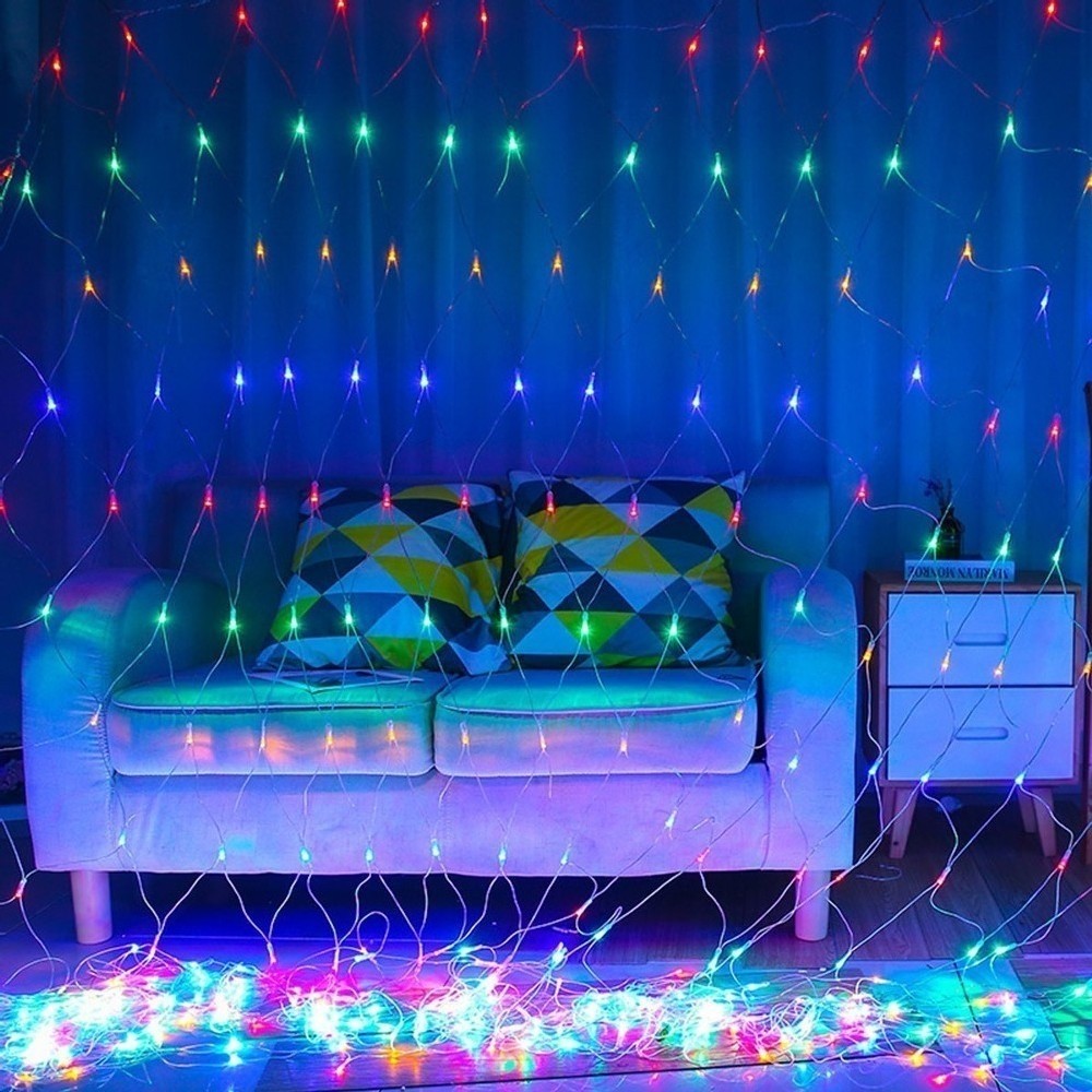 Instalatie Craciun, Tip Plasa, IP 44, 2 x 1 m, 80 LED-uri, Multicolor, 8 jocuri de lumini, Transformator cu telecomanda, Interconectabila, Prelungitor 3 m inclus, Fir transparent, Flippy-2