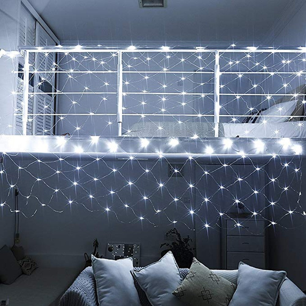 Instalatie Craciun, Tip Plasa, IP 44, 3 x 1 m, 160 LED-uri, Alb rece, 8 jocuri de lumini, Transformator cu telecomanda, Interconectabila, Prelungitor 3 m inclus, Fir transparent, Flippy-1