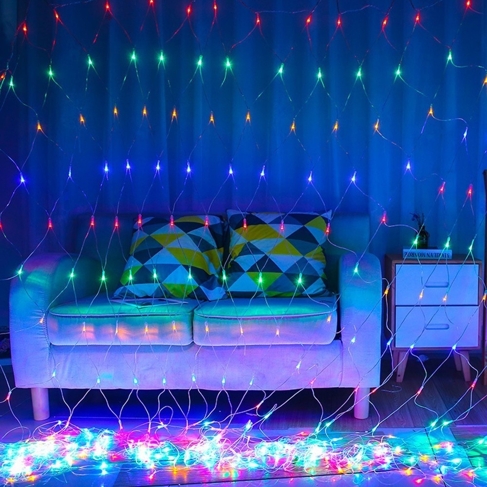 Instalatie Craciun, Tip Plasa, IP 44, 8 x 1 m, 320 LED-uri, Multicolor, 8 jocuri de lumini, Transformator cu telecomanda, Interconectabila, Prelungitor 5 m inclus, Fir transparent, Flippy-2