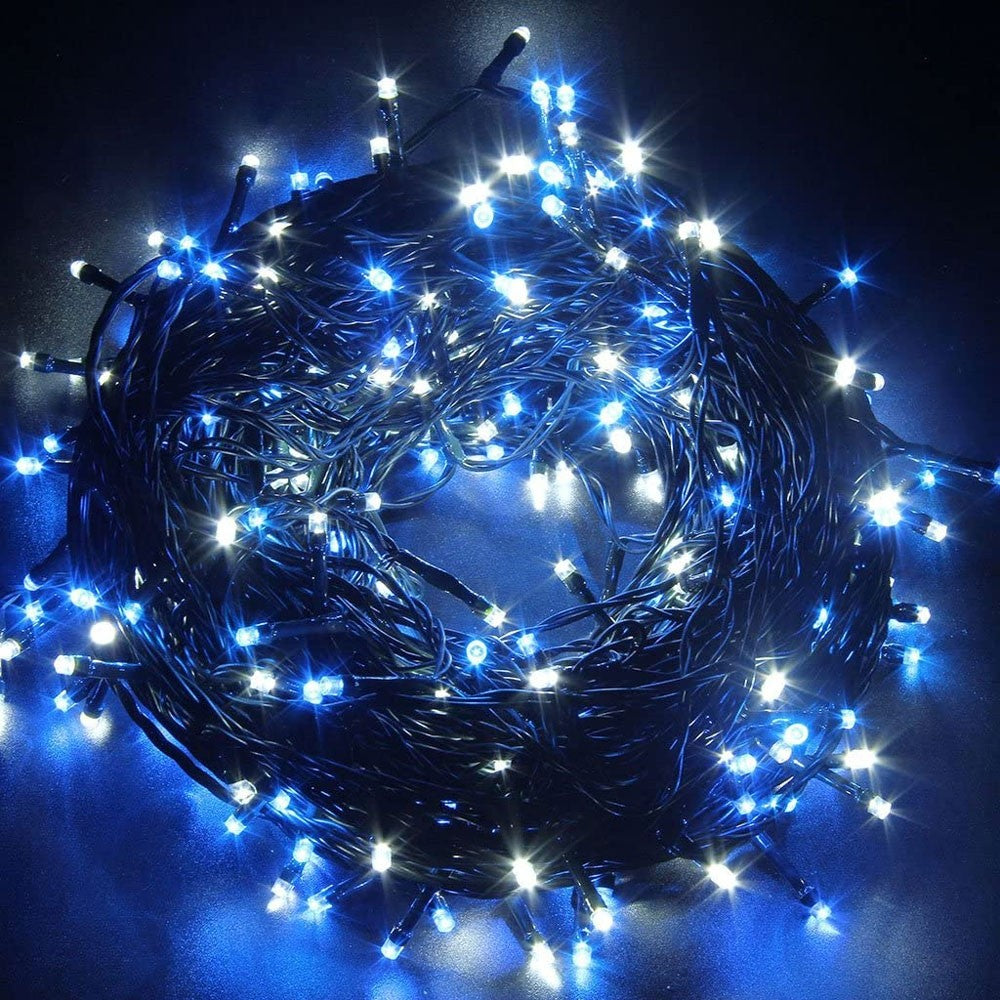 Instalatie Craciun Turturi, IP44, 10 m, 286 Led-uri ,Perdea Franjurata, Albastru, 8 jocuri de lumini, Transformator 31 V, Putere 9 W, Interconectabila, Interior/Exterior, Prelungitor 3 m inclus, Fir Transparent, Flippy-8