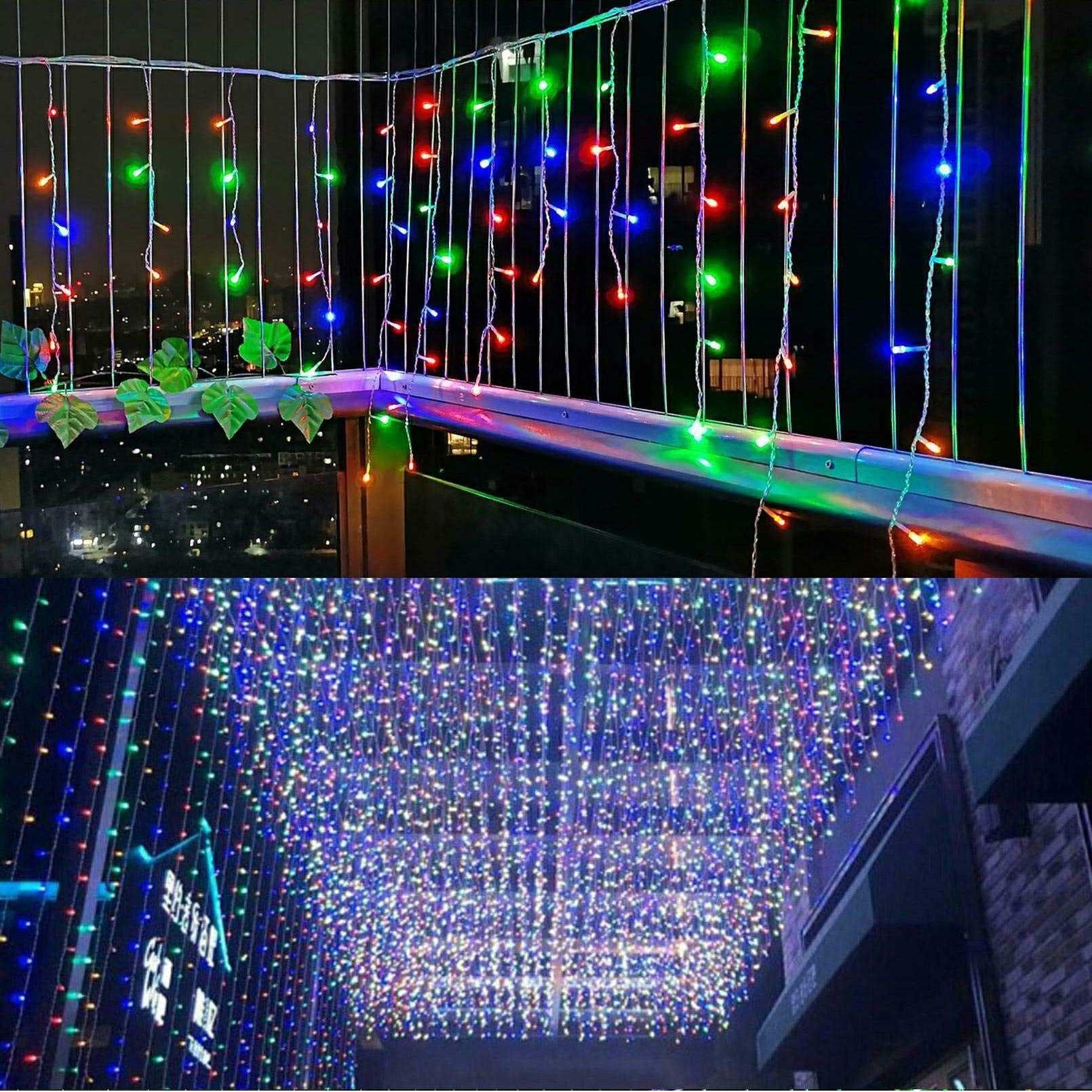 Instalatie Craciun Turturi, IP44, 10 m, 286 Led-uri ,Perdea Franjurata, Multicolor, 8 jocuri de lumini, Transformator 31 V, Putere 9 W, Interconectabila, Interior/Exterior, Prelungitor 5 m inclus, Fir Negru, Flippy-3