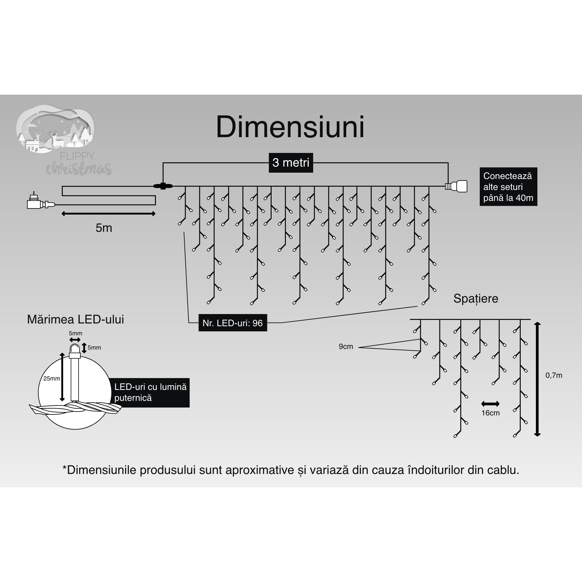 Instalatie Craciun Turturi, IP44, 3 m, 96 Led-uri ,Perdea Franjurata, Alb cald, 8 jocuri de lumini, Transformator 31 V, Putere 9 W, Interconectabila, Interior/Exterior, Prelungitor 5 m inclus, Fir Negru, Flippy-2