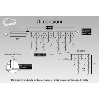 Instalatie Craciun Turturi, IP44, 5 m, 143 Led-uri ,Perdea Franjurata, Alb cald, 8 jocuri de lumini, Transformator 31 V, Putere 9 W, Interconectabila, Interior/Exterior, Prelungitor 5 m inclus, Fir Transparent, Flippy-4