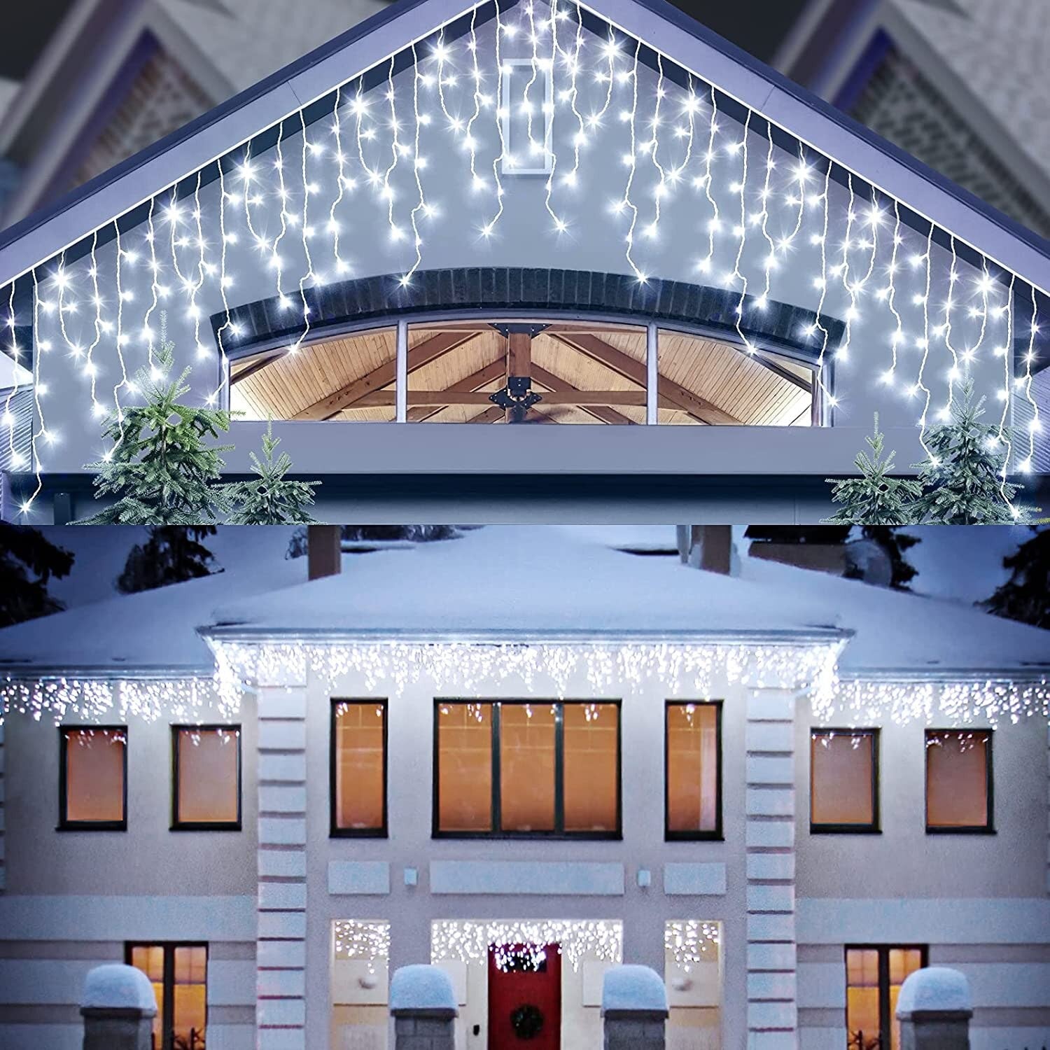 Instalatie Craciun Turturi, IP44, 5 m, 143 Led-uri ,Perdea Franjurata, Alb rece, 8 jocuri de lumini, Transformator 31 V, Putere 9 W, Interconectabila, Interior/Exterior, Prelungitor 3 m inclus, Fir Alb, Flippy-0