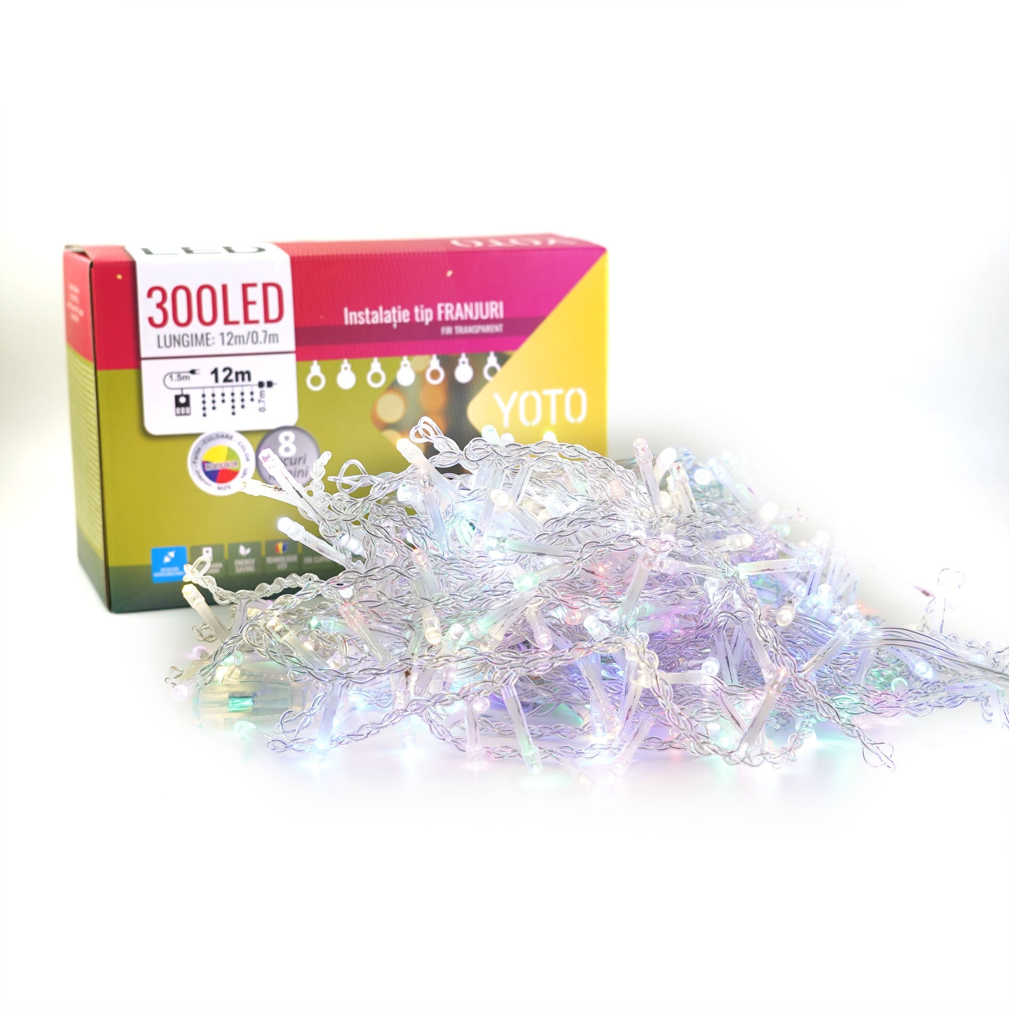 Instalatie Craciun Yoto, Tip Franjuri/Turturi, 12 m, 300 LED-uri, Prelungitor 1.5 m, 8 Jocuri de Lumini, Interconectabila, Conectare la Retea, Fir transparent, Interior/Exterior, Multicolor-6