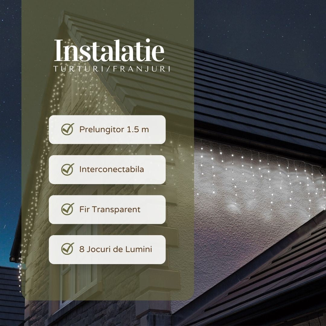 Instalatie Craciun Yoto, Tip Franjuri/Turturi, 12 m, 300 LED-uri, Prelungitor 1.5 m, 8 Jocuri de Lumini, Interconectabila, Conectare la Retea, Fir transparent, Interior/Exterior, Alb Rece-1