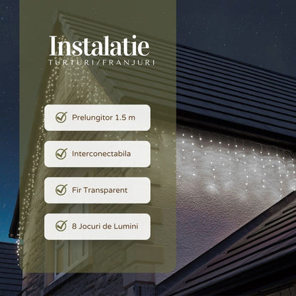 Instalatie Craciun Yoto, Tip Franjuri/Turturi, 12 m, 300 LED-uri, Prelungitor 1.5 m, 8 Jocuri de Lumini, Interconectabila, Conectare la Retea, Fir transparent, Interior/Exterior, Alb Rece-1