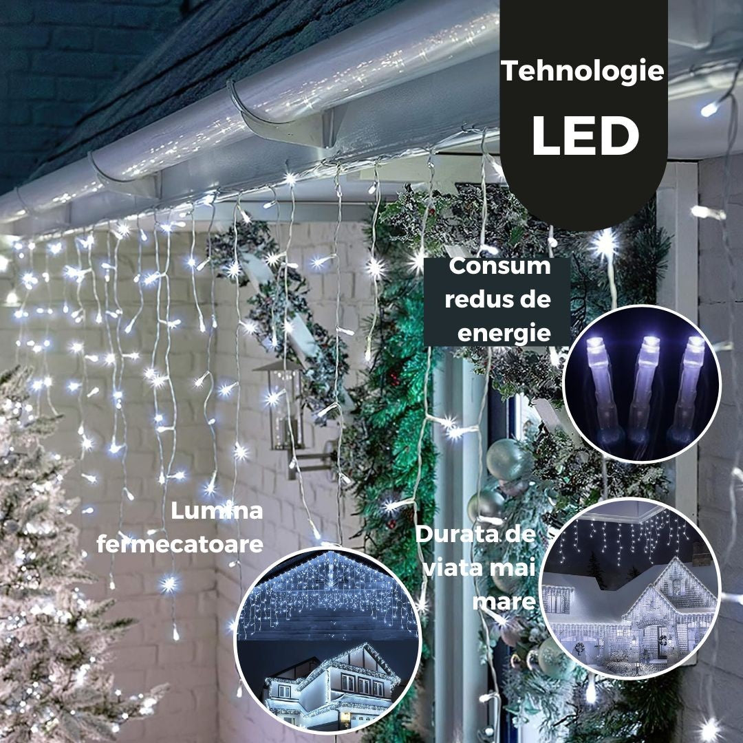 Instalatie Craciun Yoto, Tip Franjuri/Turturi, 12 m, 300 LED-uri, Prelungitor 1.5 m, 8 Jocuri de Lumini, Interconectabila, Conectare la Retea, Fir transparent, Interior/Exterior, Alb Rece-3