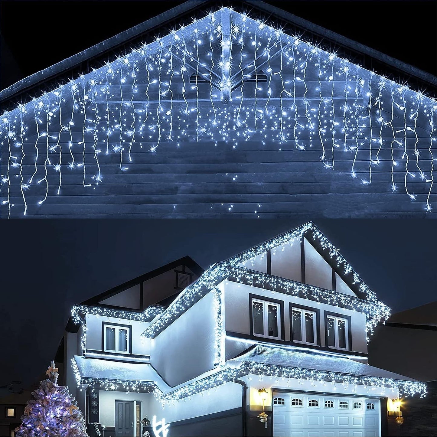 Instalatie Craciun Yoto, Tip Franjuri/Turturi, 12 m, 300 LED-uri, Prelungitor 1.5 m, 8 Jocuri de Lumini, Interconectabila, Conectare la Retea, Fir transparent, Interior/Exterior, Alb Rece-4