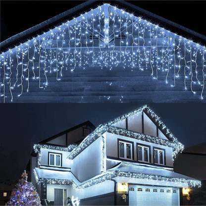 Instalatie Craciun Yoto, Tip Franjuri/Turturi, 12 m, 300 LED-uri, Prelungitor 1.5 m, 8 Jocuri de Lumini, Interconectabila, Conectare la Retea, Fir transparent, Interior/Exterior, Alb Rece-4