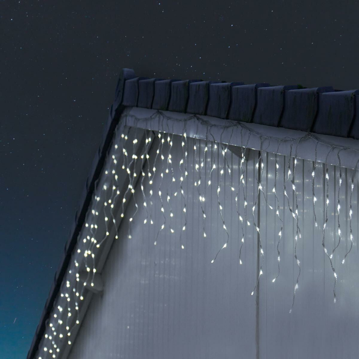 Instalatie Craciun Yoto, Tip Franjuri/Turturi, 12 m, 300 LED-uri, Prelungitor 1.5 m, 8 Jocuri de Lumini, Interconectabila, Conectare la Retea, Fir transparent, Interior/Exterior, Alb Rece-5