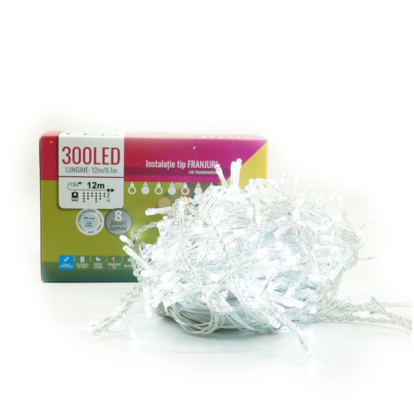 Instalatie Craciun Yoto, Tip Franjuri/Turturi, 12 m, 300 LED-uri, Prelungitor 1.5 m, 8 Jocuri de Lumini, Interconectabila, Conectare la Retea, Fir transparent, Interior/Exterior, Alb Rece-7