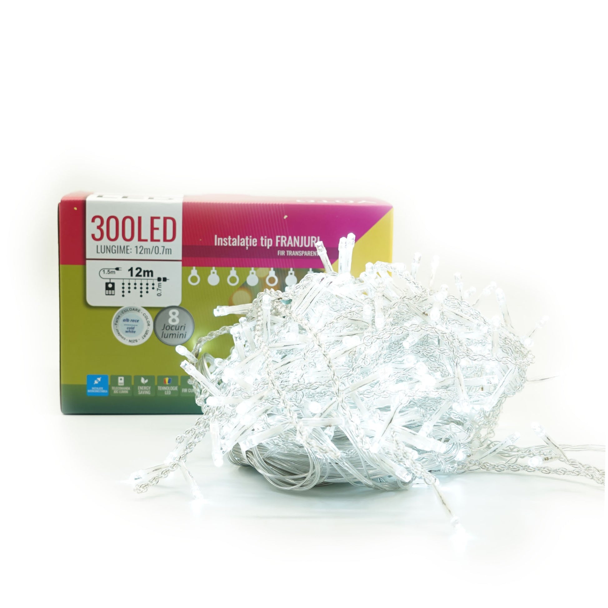 Instalatie Craciun Yoto, Tip Franjuri/Turturi, 12 m, 300 LED-uri, Prelungitor 1.5 m, 8 Jocuri de Lumini, Interconectabila, Conectare la Retea, Fir transparent, Interior/Exterior, Alb Rece-7