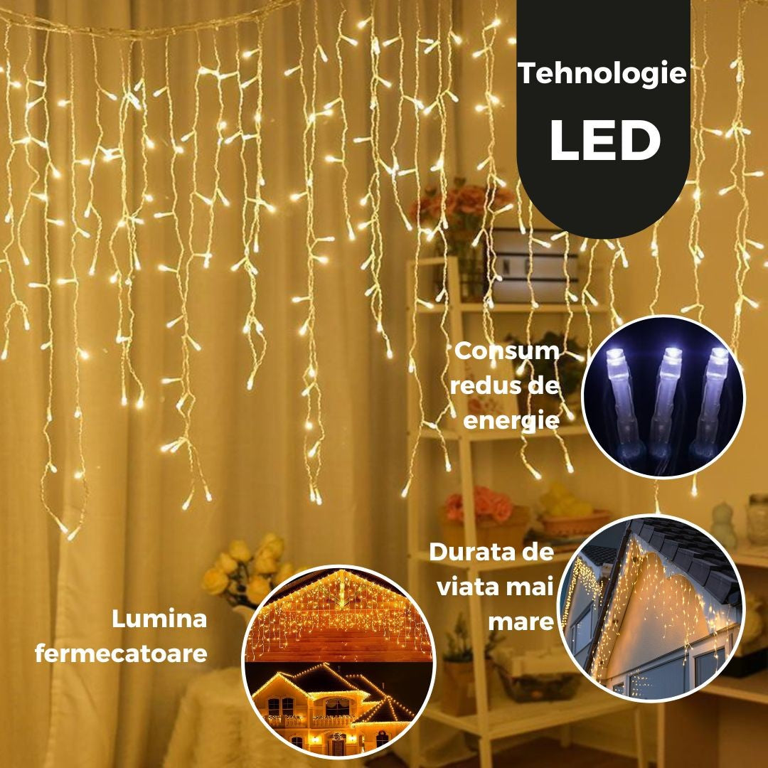 Instalatie Craciun Yoto, Tip Franjuri/Turturi, 12 m, 300 LED-uri, Prelungitor 1.5 m, 8 Jocuri de Lumini, Interconectabila, Conectare la Retea, Fir transparent, Interior/Exterior, Alb Cald-5