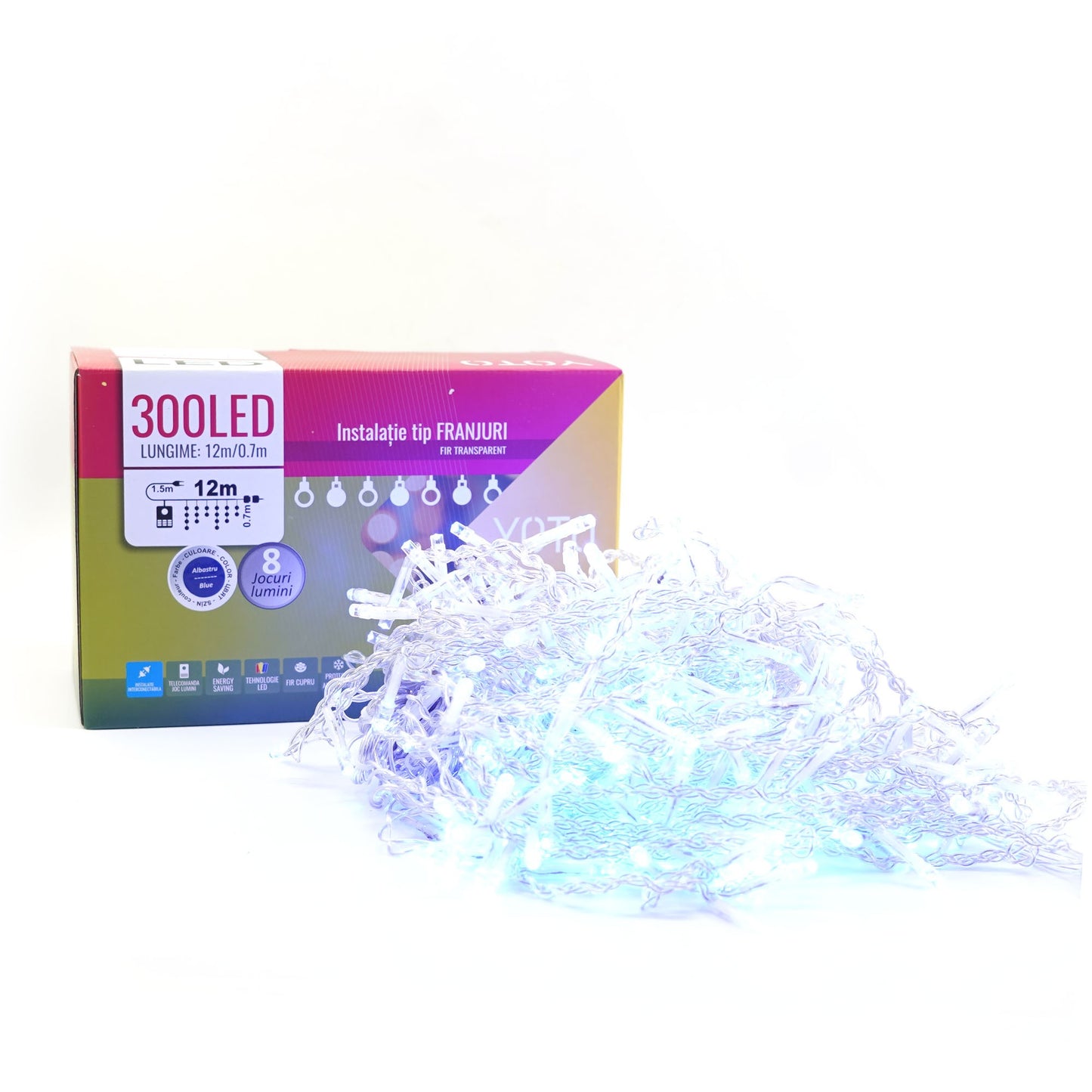 Instalatie Craciun Yoto, Tip Franjuri/Turturi, 12 m, 300 LED-uri, Prelungitor 1.5 m, 8 Jocuri de Lumini, Interconectabila, Conectare la Retea, Fir transparent, Interior/Exterior, Albastru-2