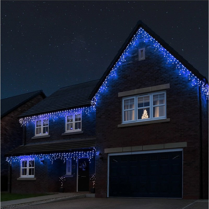 Instalatie Craciun Yoto, Tip Franjuri/Turturi, 12 m, 300 LED-uri, Prelungitor 1.5 m, 8 Jocuri de Lumini, Interconectabila, Conectare la Retea, Fir transparent, Interior/Exterior, Albastru-0