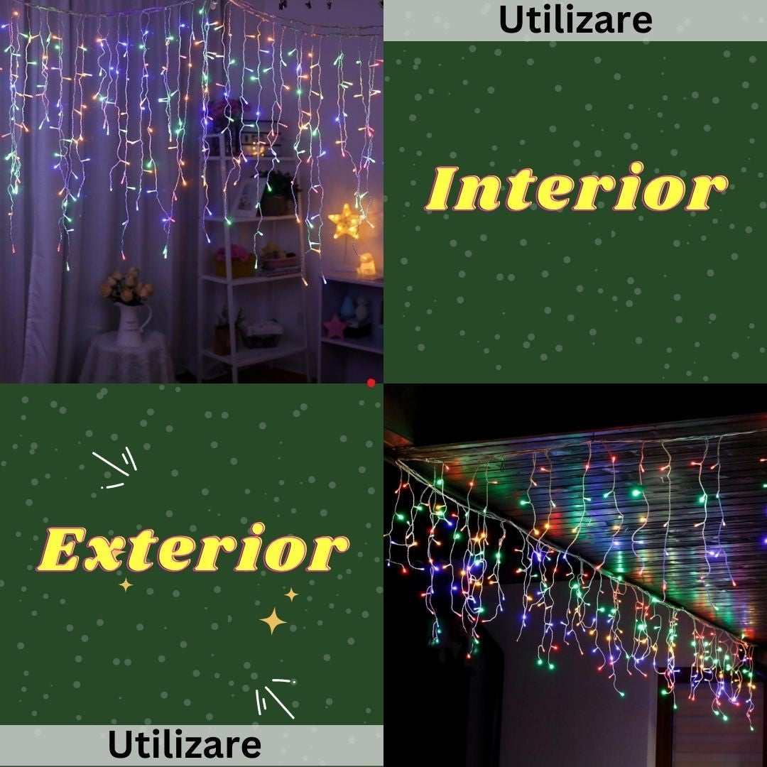 Instalatie Craciun Yoto, Tip Franjuri/Turturi, 4 m, 120 LED-uri, Prelungitor 1.5 m, 8 Jocuri de Lumini, Interconectabila, Conectare la Retea, Fir transparent, Interior/Exterior, Multicolor-2