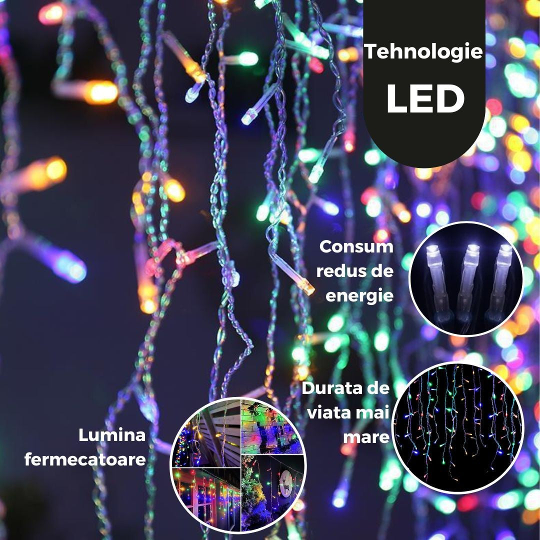 Instalatie Craciun Yoto, Tip Franjuri/Turturi, 4 m, 120 LED-uri, Prelungitor 1.5 m, 8 Jocuri de Lumini, Interconectabila, Conectare la Retea, Fir transparent, Interior/Exterior, Multicolor-3