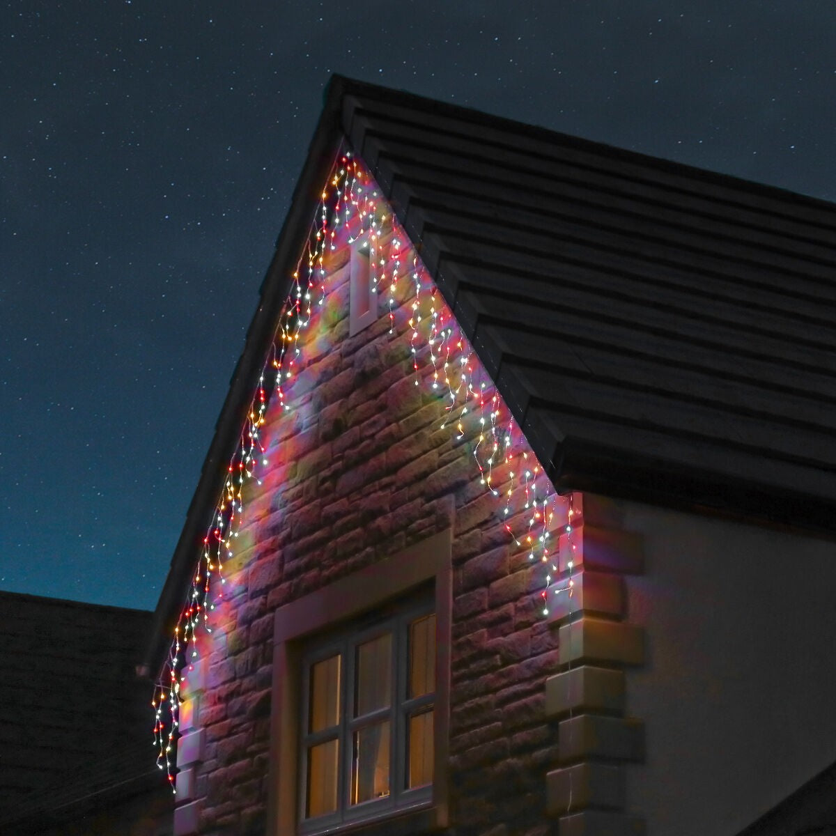 Instalatie Craciun Yoto, Tip Franjuri/Turturi, 4 m, 120 LED-uri, Prelungitor 1.5 m, 8 Jocuri de Lumini, Interconectabila, Conectare la Retea, Fir transparent, Interior/Exterior, Multicolor-6