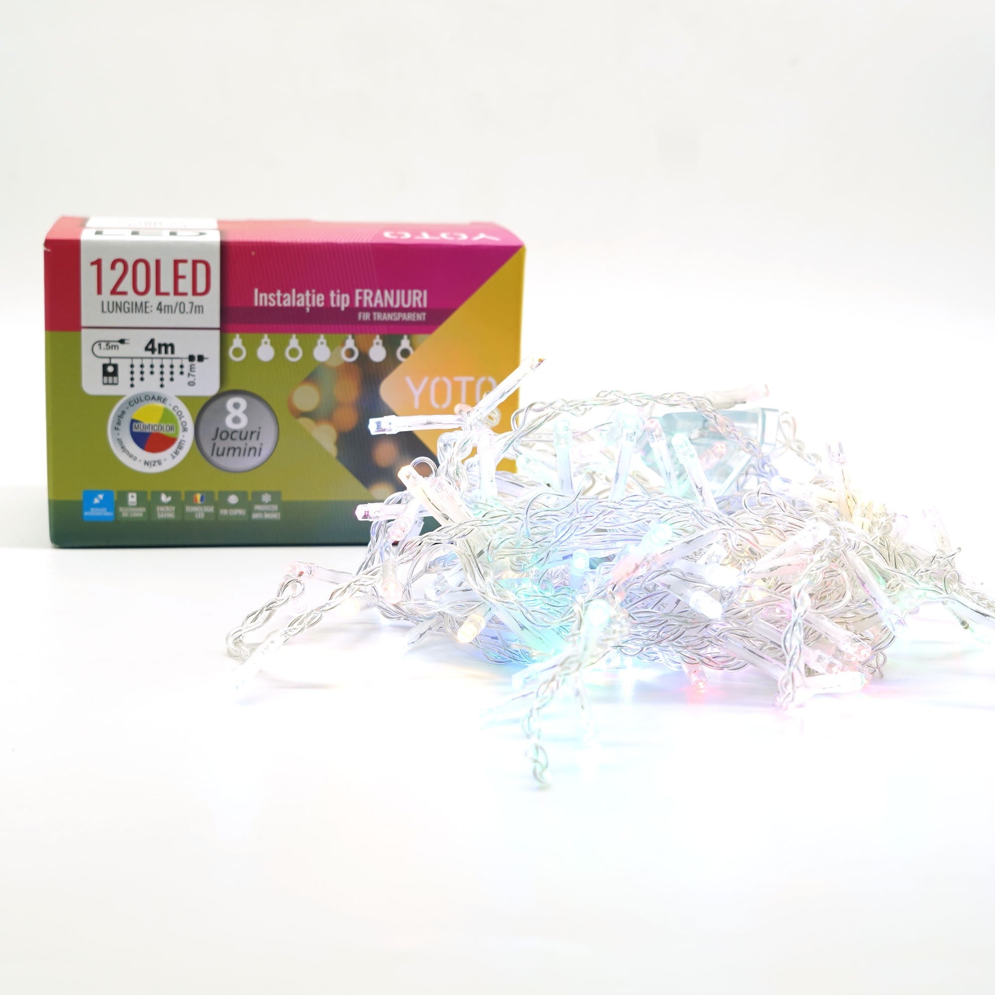 Instalatie Craciun Yoto, Tip Franjuri/Turturi, 4 m, 120 LED-uri, Prelungitor 1.5 m, 8 Jocuri de Lumini, Interconectabila, Conectare la Retea, Fir transparent, Interior/Exterior, Multicolor-7