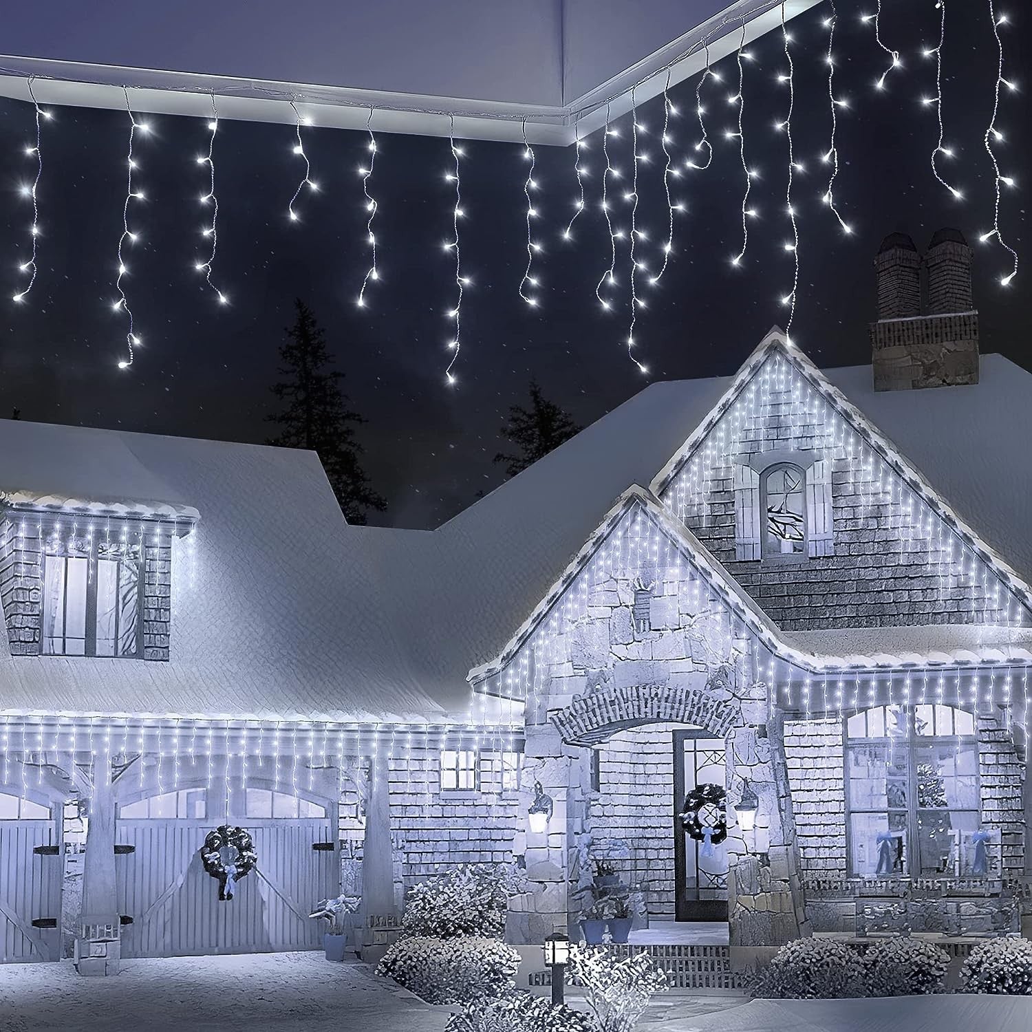 Instalatie Craciun Yoto, Tip Franjuri/Turturi, 4 m, 120 LED-uri, Prelungitor 1.5 m, 8 Jocuri de Lumini, Interconectabila, Conectare la Retea, Fir transparent, Interior/Exterior, Alb Rece-4