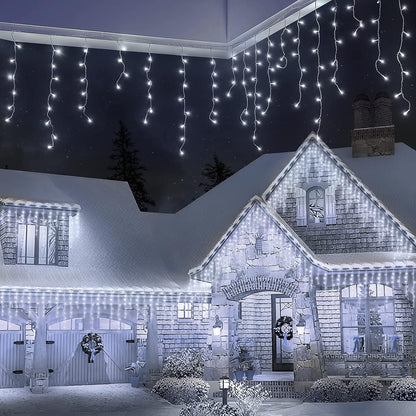 Instalatie Craciun Yoto, Tip Franjuri/Turturi, 4 m, 120 LED-uri, Prelungitor 1.5 m, 8 Jocuri de Lumini, Interconectabila, Conectare la Retea, Fir transparent, Interior/Exterior, Alb Rece-4