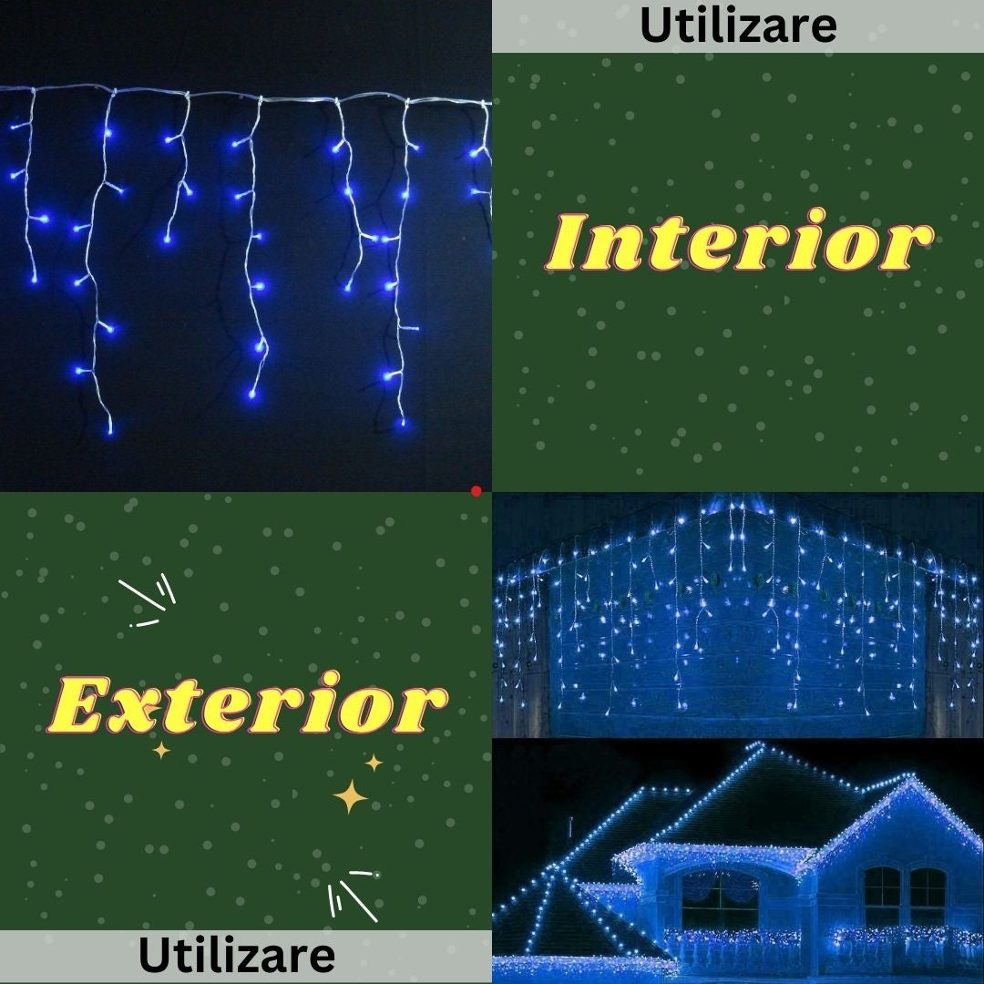 Instalatie Craciun Yoto, Tip Franjuri/Turturi, 4 m, 120 LED-uri, Prelungitor 1.5 m, 8 Jocuri de Lumini, Interconectabila, Conectare la Retea, Fir transparent, Interior/Exterior, Albastru-2