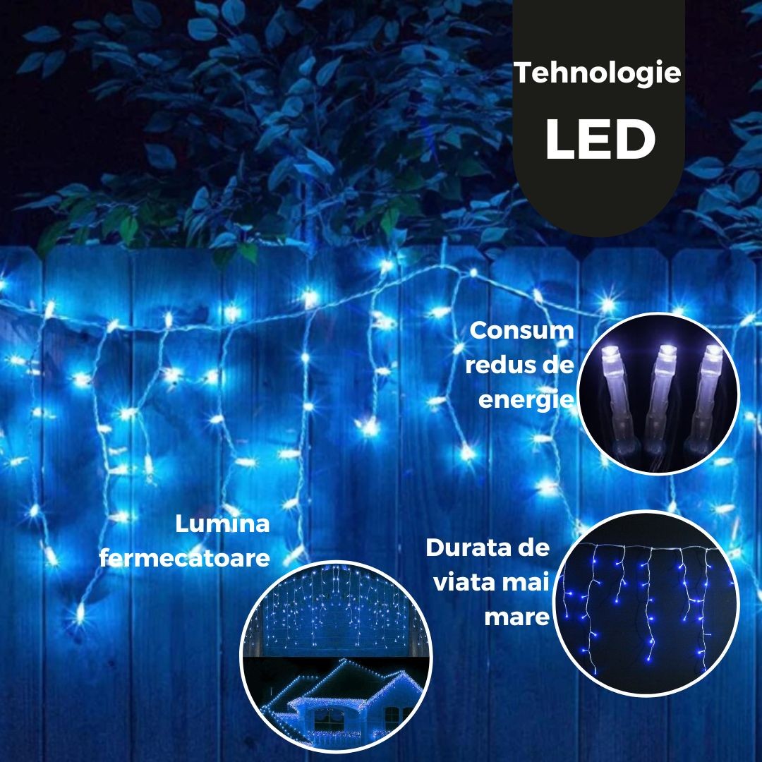 Instalatie Craciun Yoto, Tip Franjuri/Turturi, 4 m, 120 LED-uri, Prelungitor 1.5 m, 8 Jocuri de Lumini, Interconectabila, Conectare la Retea, Fir transparent, Interior/Exterior, Albastru-3