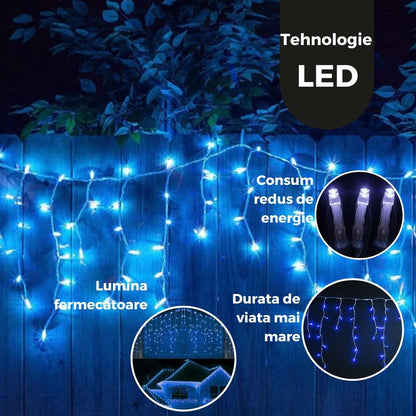 Instalatie Craciun Yoto, Tip Franjuri/Turturi, 4 m, 120 LED-uri, Prelungitor 1.5 m, 8 Jocuri de Lumini, Interconectabila, Conectare la Retea, Fir transparent, Interior/Exterior, Albastru-3