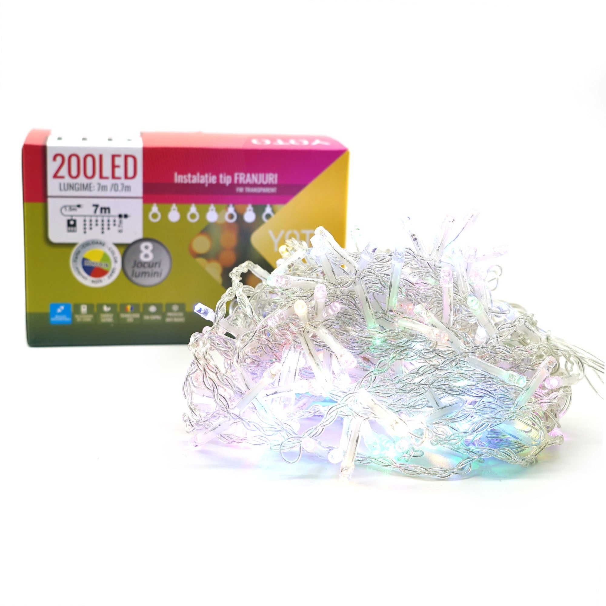 Instalatie Craciun Yoto, Tip Franjuri/Turturi, 7 m, 200 LED-uri, Prelungitor 1.5 m, 8 Jocuri de Lumini, Interconectabila, Conectare la Retea, Fir transparent, Interior/Exterior, Multicolor-6
