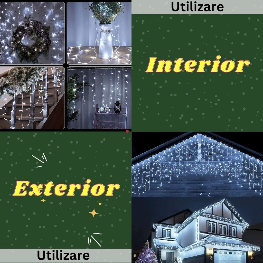 Instalatie Craciun Yoto, Tip Franjuri/Turturi, 7 m, 200 LED-uri, Prelungitor 1.5 m, 8 Jocuri de Lumini, Interconectabila, Conectare la Retea, Fir transparent, Interior/Exterior, Alb Rece-2
