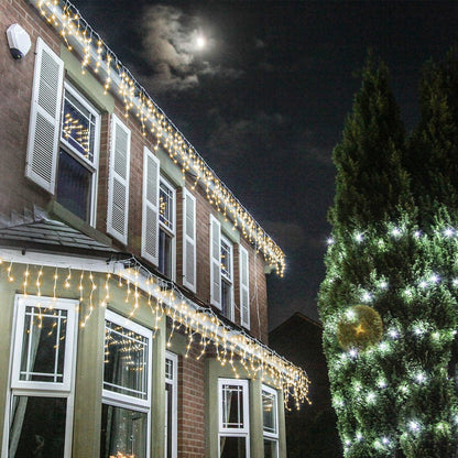 Instalatie Craciun Yoto, Tip Franjuri/Turturi, 7 m, 200 LED-uri, Prelungitor 1.5 m, 8 Jocuri de Lumini, Interconectabila, Conectare la Retea, Fir transparent, Interior/Exterior, Alb Rece-6