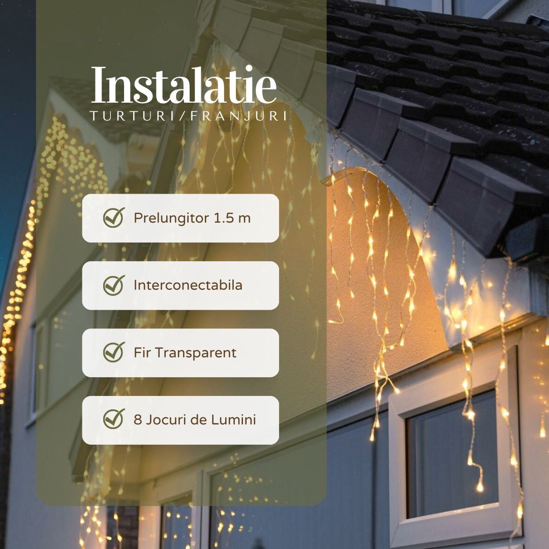 Instalatie Craciun Yoto, Tip Franjuri/Turturi, 7 m, 200 LED-uri, Prelungitor 1.5 m, 8 Jocuri de Lumini, Interconectabila, Conectare la Retea, Fir transparent, Interior/Exterior, Alb Cald-1