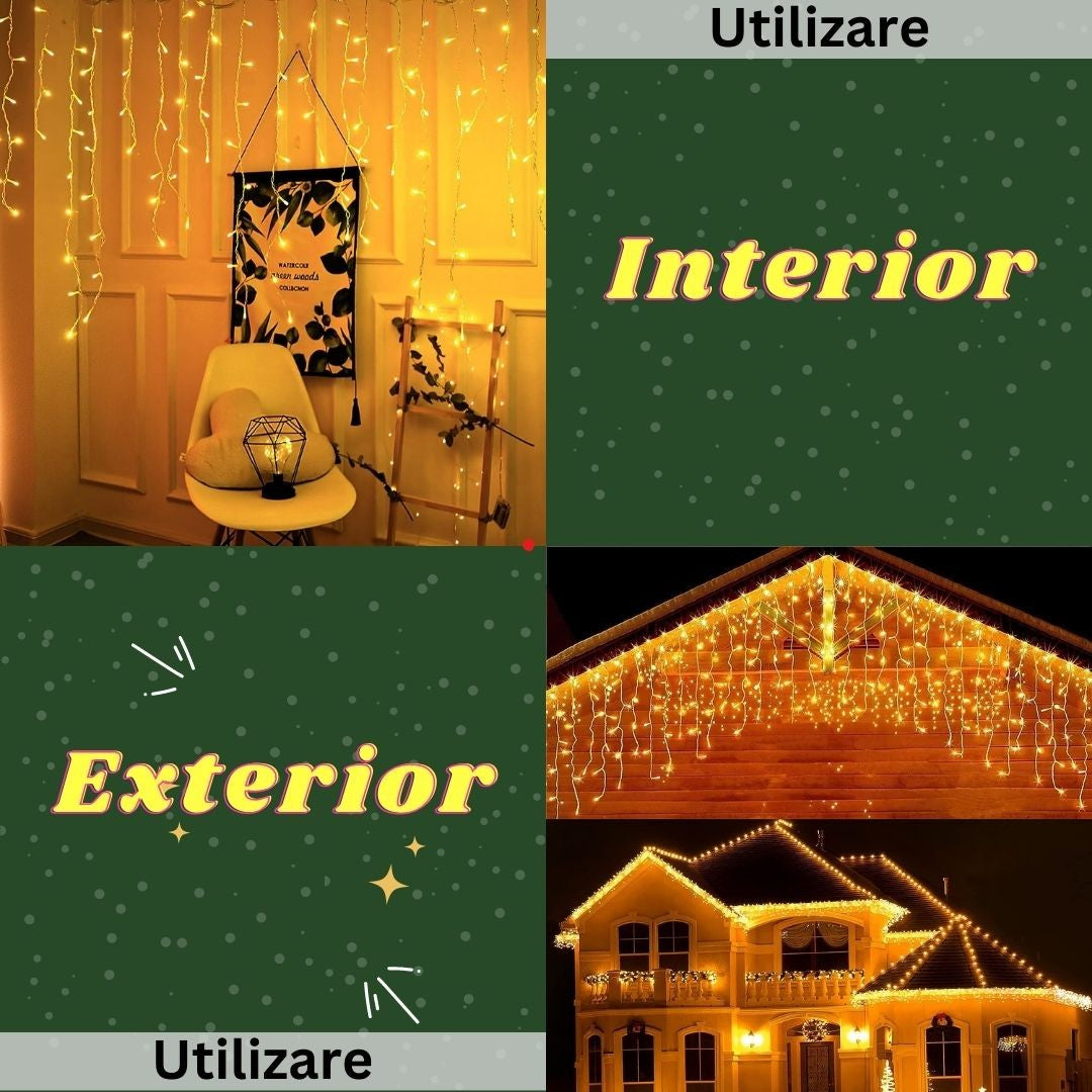 Instalatie Craciun Yoto, Tip Franjuri/Turturi, 7 m, 200 LED-uri, Prelungitor 1.5 m, 8 Jocuri de Lumini, Interconectabila, Conectare la Retea, Fir transparent, Interior/Exterior, Alb Cald-2