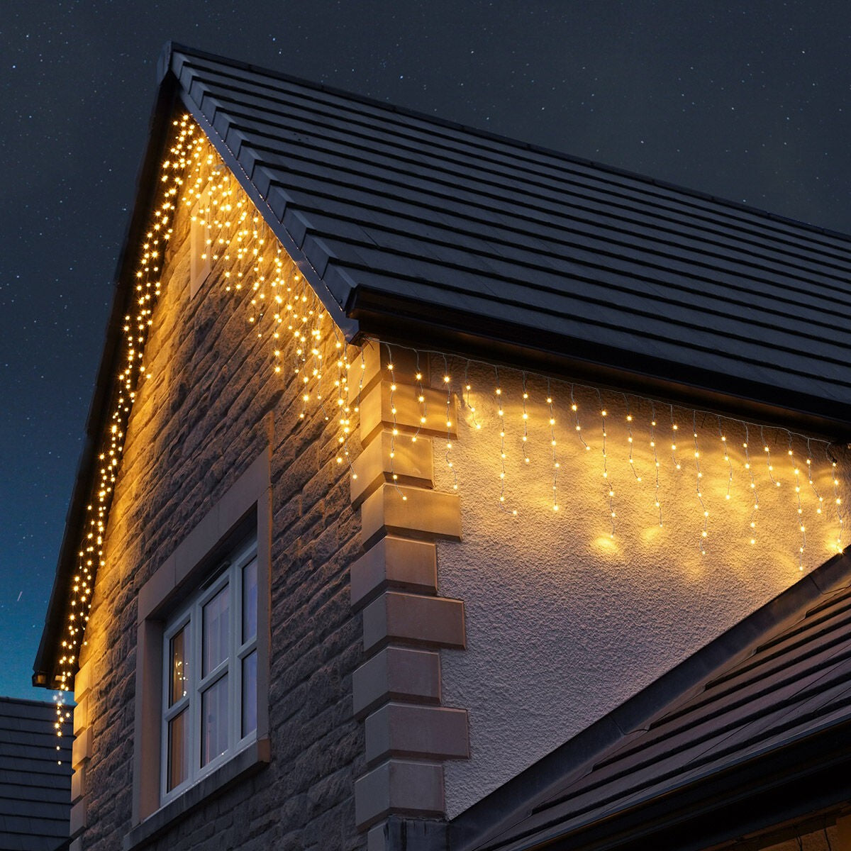 Instalatie Craciun Yoto, Tip Franjuri/Turturi, 7 m, 200 LED-uri, Prelungitor 1.5 m, 8 Jocuri de Lumini, Interconectabila, Conectare la Retea, Fir transparent, Interior/Exterior, Alb Cald-6
