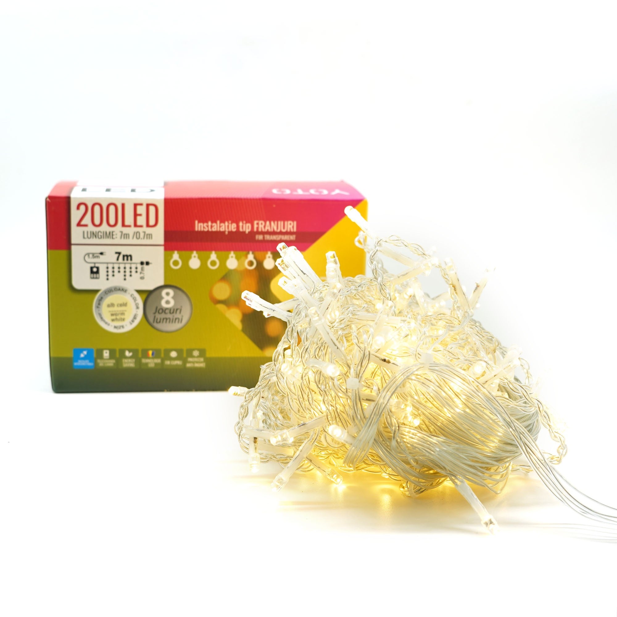 Instalatie Craciun Yoto, Tip Franjuri/Turturi, 7 m, 200 LED-uri, Prelungitor 1.5 m, 8 Jocuri de Lumini, Interconectabila, Conectare la Retea, Fir transparent, Interior/Exterior, Alb Cald-7