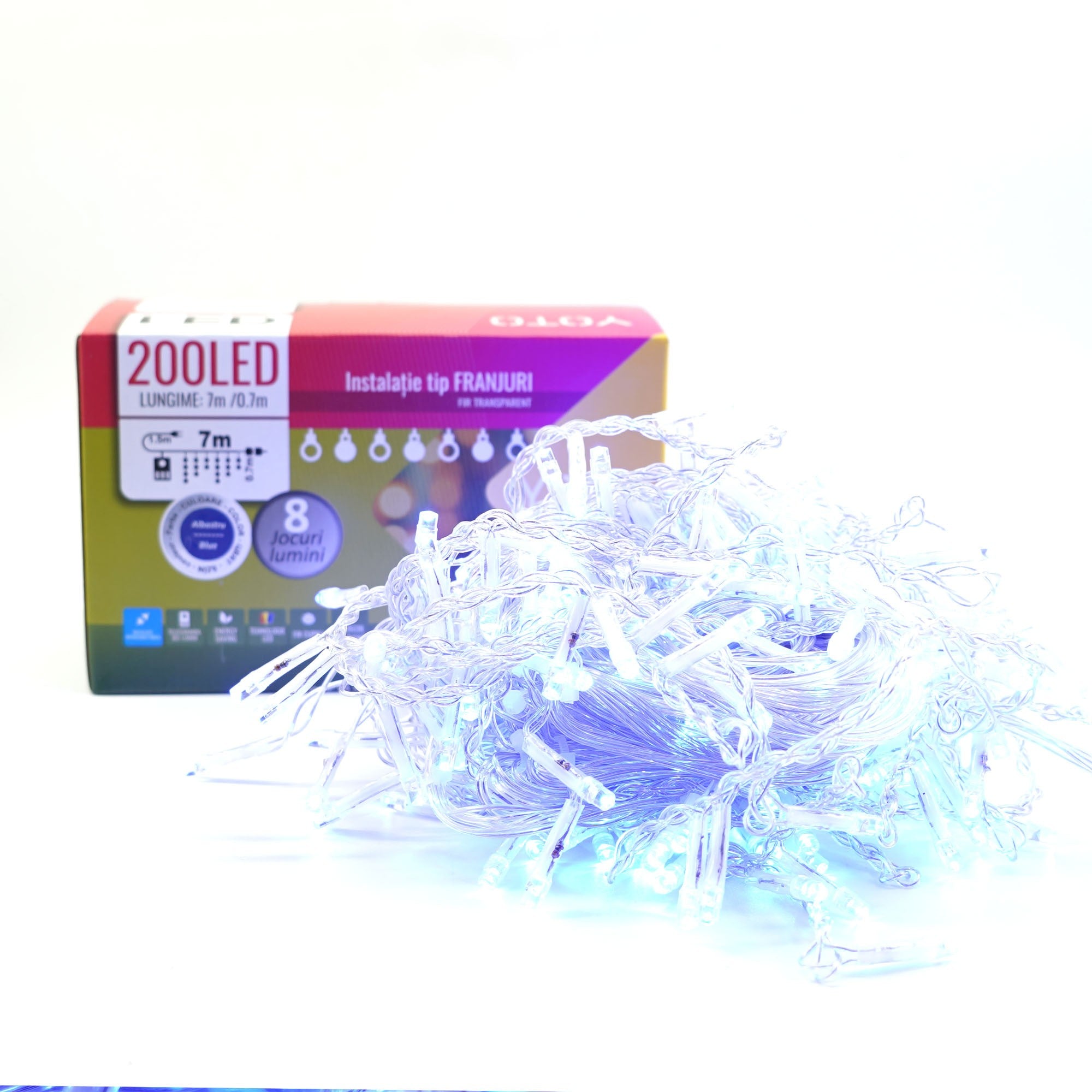 Instalatie Craciun Yoto, Tip Franjuri/Turturi, 7 m, 200 LED-uri, Prelungitor 1.5 m, 8 Jocuri de Lumini, Interconectabila, Conectare la Retea, Fir transparent, Interior/Exterior, Albastru-1