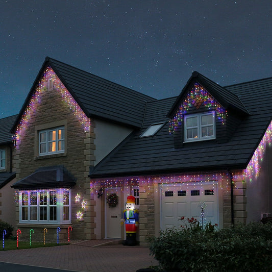 Instalatie Craciun Yoto, Tip Franjuri/Turturi, 7 m, 200 LED-uri, Prelungitor 1.5 m, 8 Jocuri de Lumini, Interconectabila, Conectare la Retea, Fir transparent, Interior/Exterior, Multicolor-0
